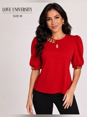 Love University Red Puff Sleeve Chain Accent dressy feminine  Blouse Size M
